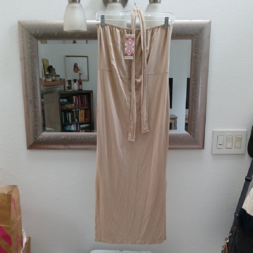 🩷3 FOR $15🩷 Boohoo Tan Strapless Pencil Dress with Tie Front